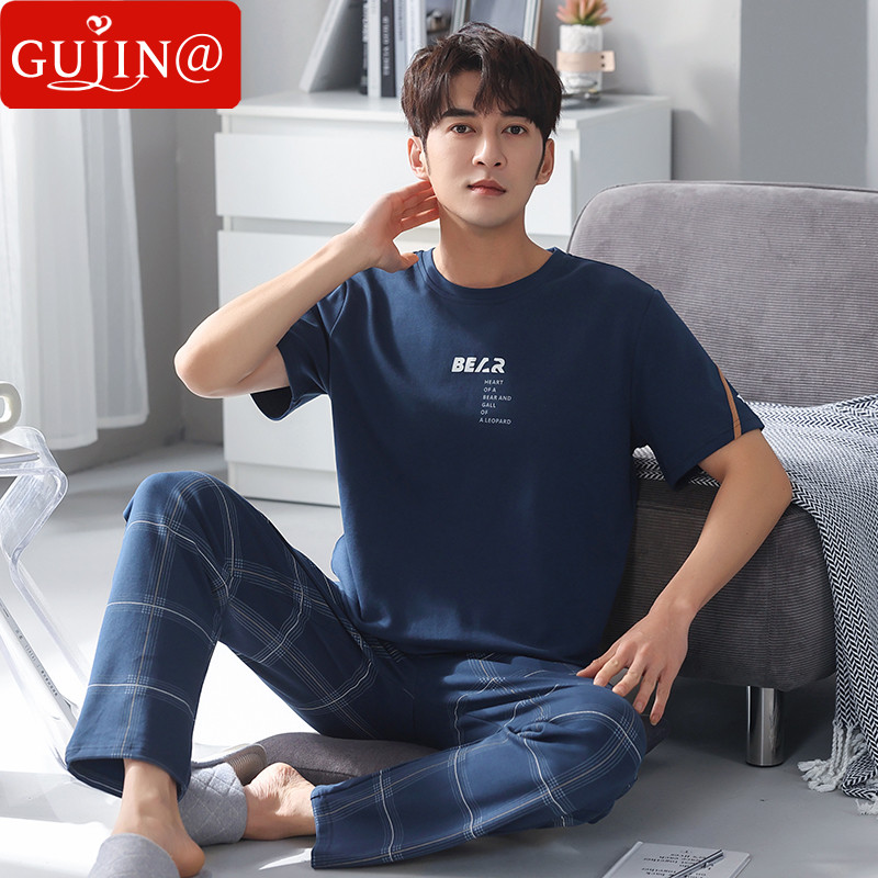 Gujin@Pajamas men's summer pure cotton short-sleeved trousers thin section loose large size can be worn outside cotton home service suit
