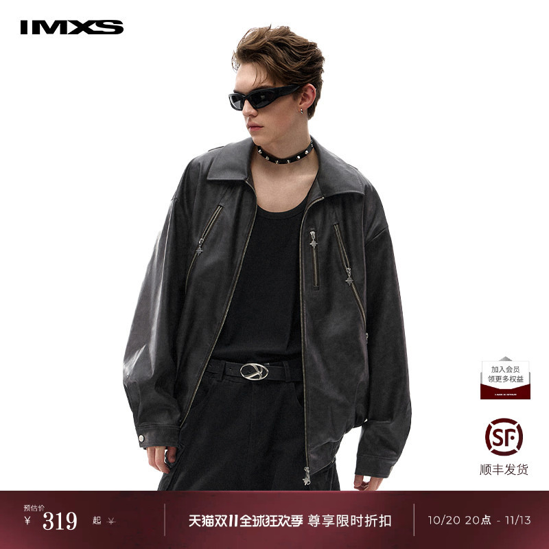 Imxs【Celebrity Style】Black Lapel Jacket American Motorcycle Pu Leather Jacket Unisex Trendy Brand Spring and Autumn Coat