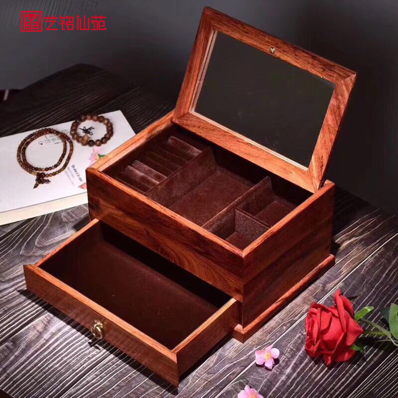 Myanmar rosewood mirror box jewelry box mahogany original solid wood jewelry box dressing box wedding gift storage box with lock