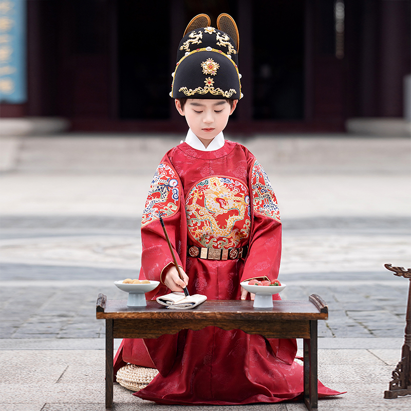 Children's Hanfu Traditional Costume, Gold-Embroidered Dragon Robe, Boys' Round-Neck Embroidered Performance Costume, Ming-Style Performance Outfit, Imperial Robe Children's Hanfu Traditional Costume, Gold-Embroidered Dragon Robe, Boys' Round-Neck Embroidered Performance Costume, Ming-Style Performance Outfit, Imperial Robe