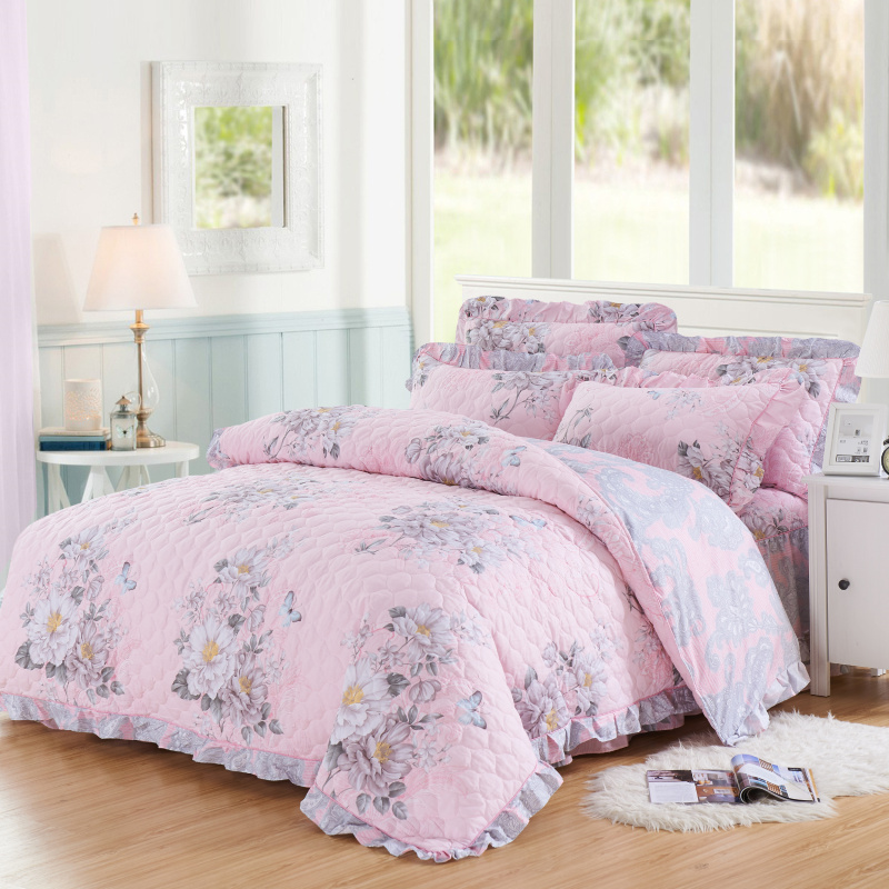 Cotton four-piece cotton bed skirt type bed cover bed hats quilted thick warm clip cotton quilt cover bedding