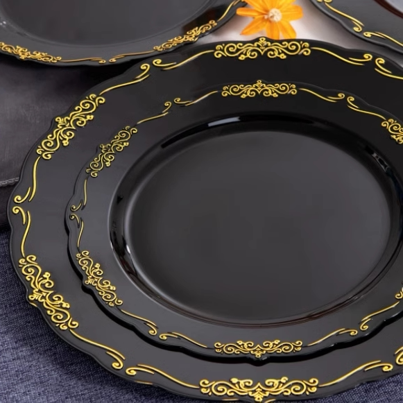 Disposable Plastic Plates with Gold Rim, Black, Western-Style Steak, Cake, Dessert Table, Party Tableware Set for 25 People Disposable Plastic Plates with Gold Rim, Black, Western-Style Steak, Cake, Dessert Table, Party Tableware Set for 25 People