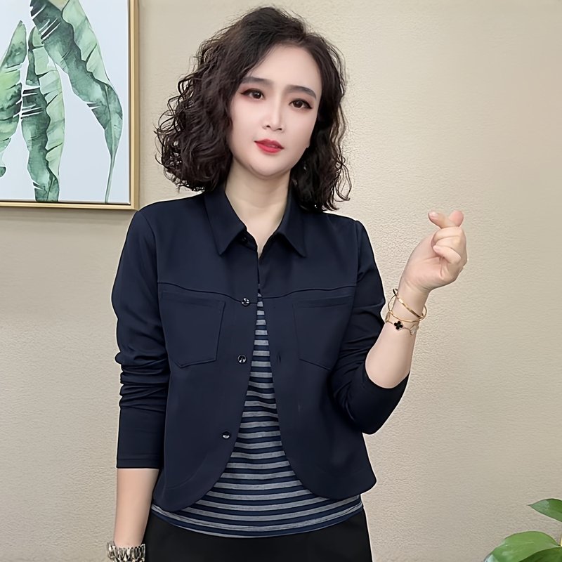 Fashionable and Stylish Lapel Patchwork Fake Two-Piece Pullover Top for Women, New Spring Style, Loose Fit, Slimming, Age-Reducing Long-Sleeved Shirt