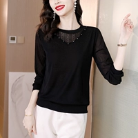 Черный кружевной шелковый приятный телу лонгслив, в западном стиле, коллекция 2023, осенний