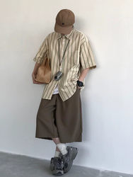 Summer Japanese style Hong Kong style coffee-colored workwear mid-pants for men and women loose wide-leg pants Harajuku style shorts casual versatile trousers