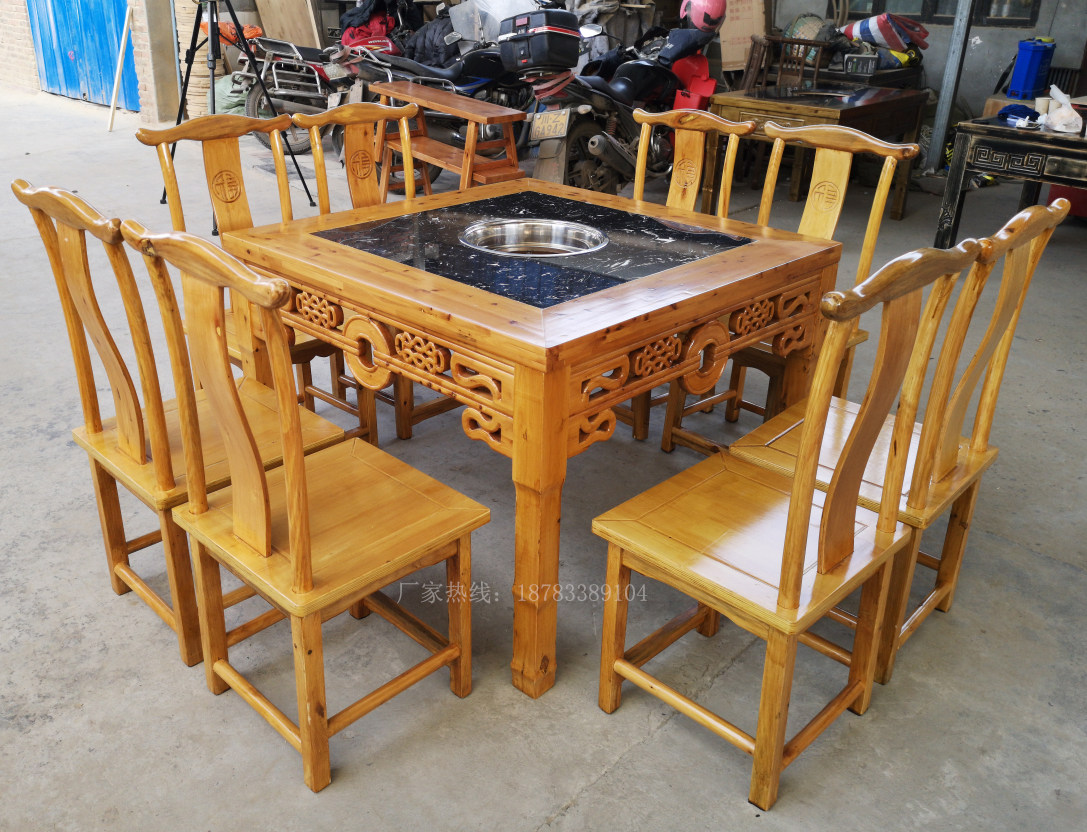 Solid wood retro marble induction stove integrated hot pot table and chairs gas cooker string hot pot table custom commercial square table-Taobao