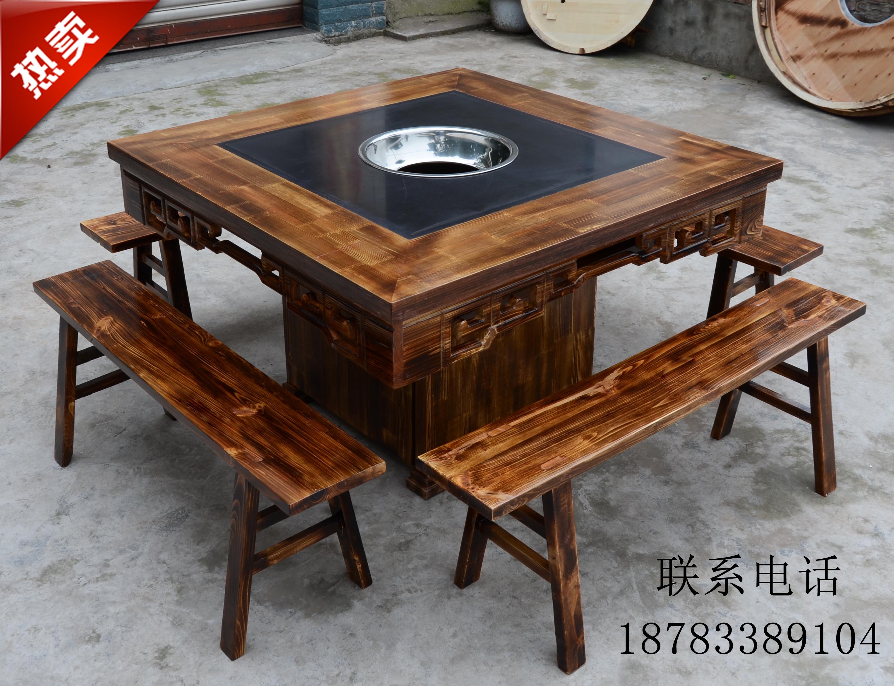 Imitation ancient carved solid wood large garden table hot pot table and chair cabinet liqueur oven marble hot pot square table