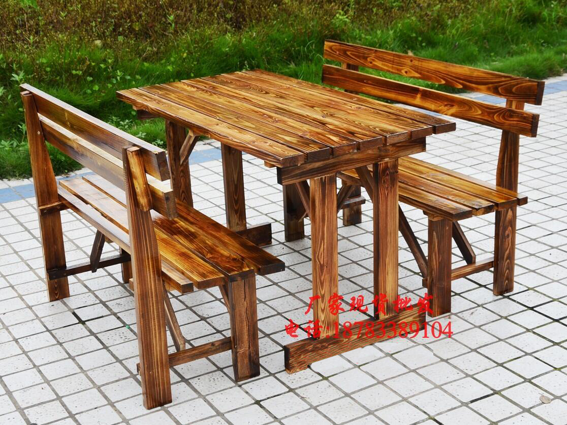Full Solid Wood Charred Patio Night Market Beer Squares Barbecue Big Row Stalls Casual Solid Wood Outdoor Dining Table And Chairs
