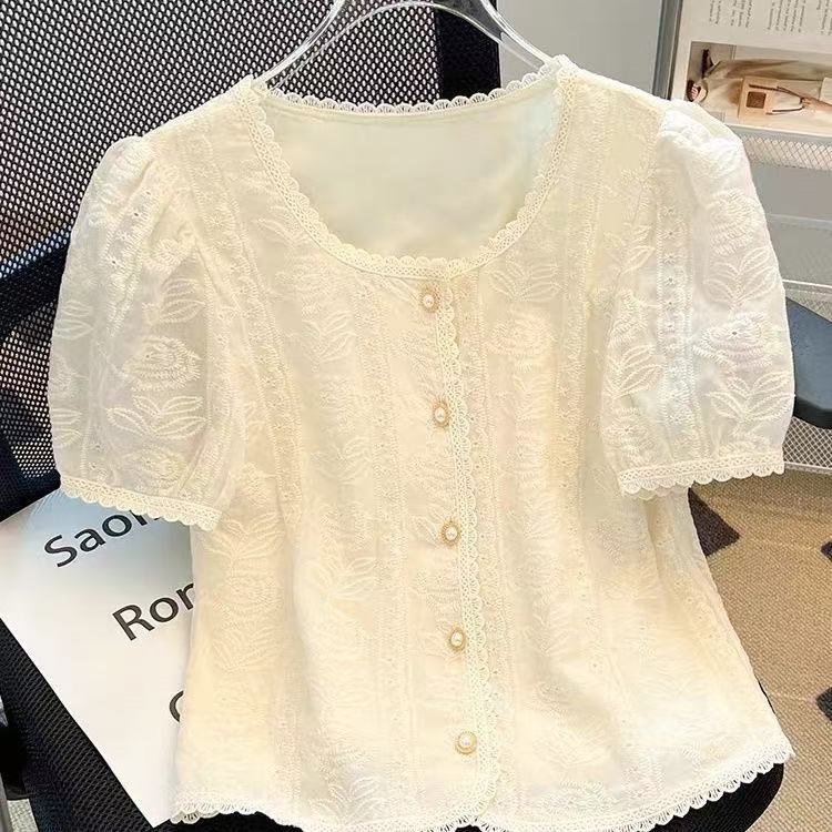 French-Style Embroidered Lace Top, New Summer Style, Petite and Elegant, Stylish Shirt, Short-Sleeved, Chanel-Style Fashion Blouse