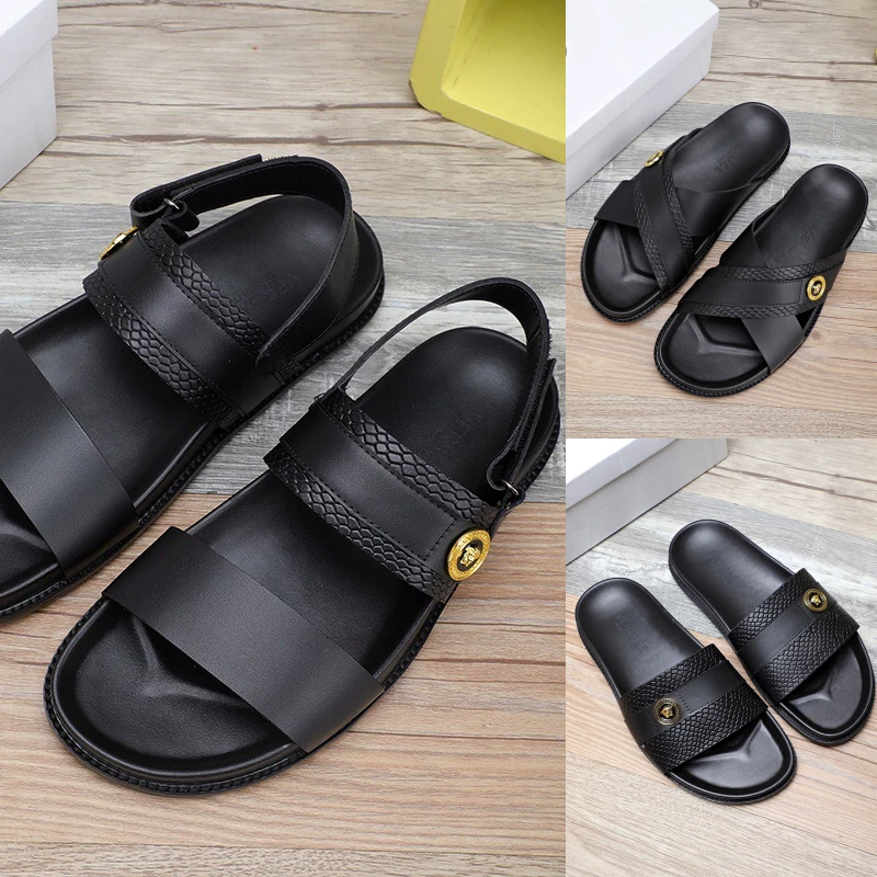 Versace, modern black summer sandals, simple and elegant design