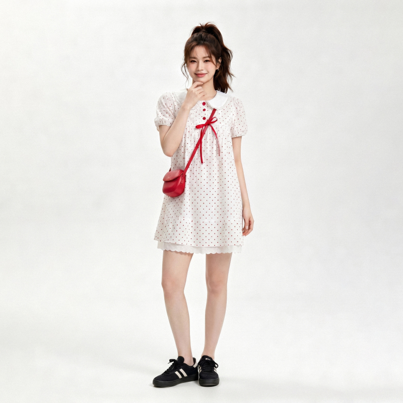 Plus Size Sweet Red Polka Dot Doll Collar Short-Sleeved Dress for Women, Plus Size Women's Clothing, Vacation Style, Body-Covering Short Skirt Plus Size Sweet Red Polka Dot Doll Collar Short-Sleeved Dress for Women, Plus Size Women's Clothing, Vacation Style, Body-Covering Short Skirt