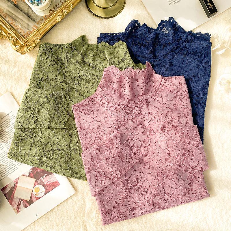 Pink Lace Base Shirt for Women, Autumn and Winter High-Neck Inner Layer, Non-See-Through Popcorn-Style Trendy Mesh Top, Spring Blouse for Pairing