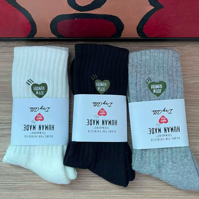 Japanese Trend Human Made New Green Heart Embroidery Mid-Calf Thick Socks Unisex Versatile Trendy Socks