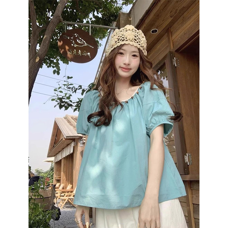 Korean-Style Handcrafted Beaded Short-Sleeved Shirt 2025 Summer New Loose Casual Pullover Doll Shirt Top for Women