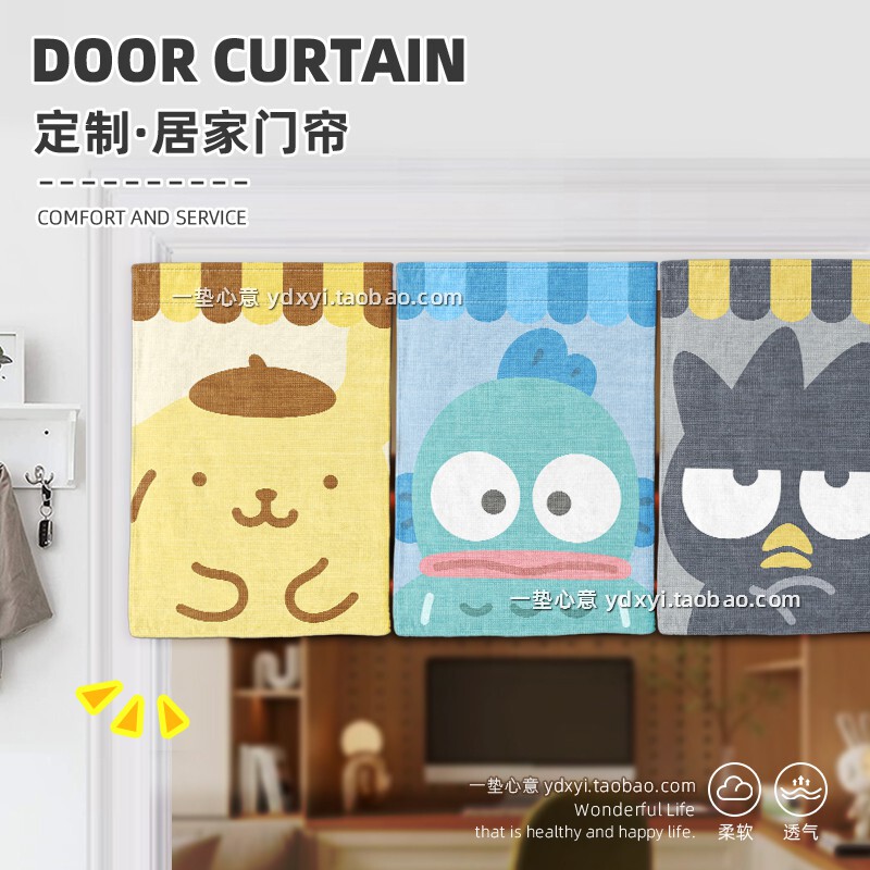Sanrio Half Curtain for Bedroom, Hello Kitty Ugly Fish Door Curtain, Xo Cool Penguin Flag Curtain, Velcro My Melody Living Room Short Curtain