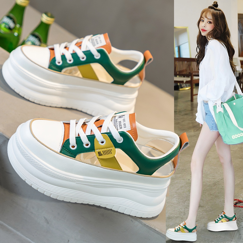 Thick-Soled Sandals for Women 2026 New Summer Height-Increasing Women's Shoes Casual Platform Shoes Closed-Toe Hollow White Shoes Genuine Leather