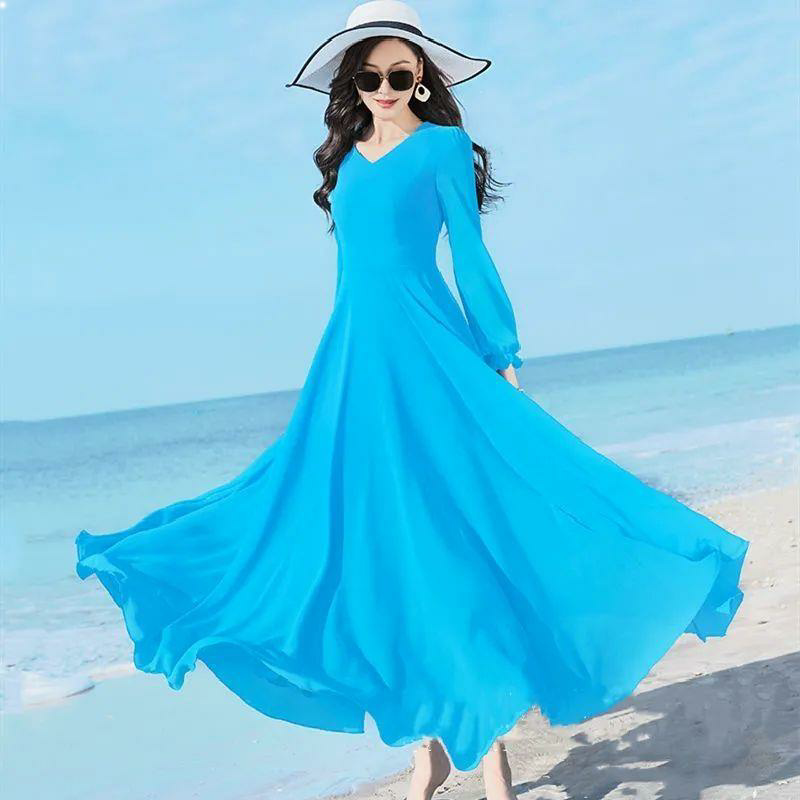 Double-Layered Long Dance Dress with Long Sleeves, Chiffon Dress, Beach Dress, Plus Size Travel Photo Shoot Mid-Length Over-The-Knee Dress