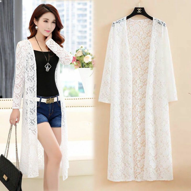 Spring and Summer Thin Large-Size Lace Sun Protection Clothing, Mid-Length Women's Long-Sleeved Cardigan, Air-Conditioning Lace Shirt, Chiffon Shirt
