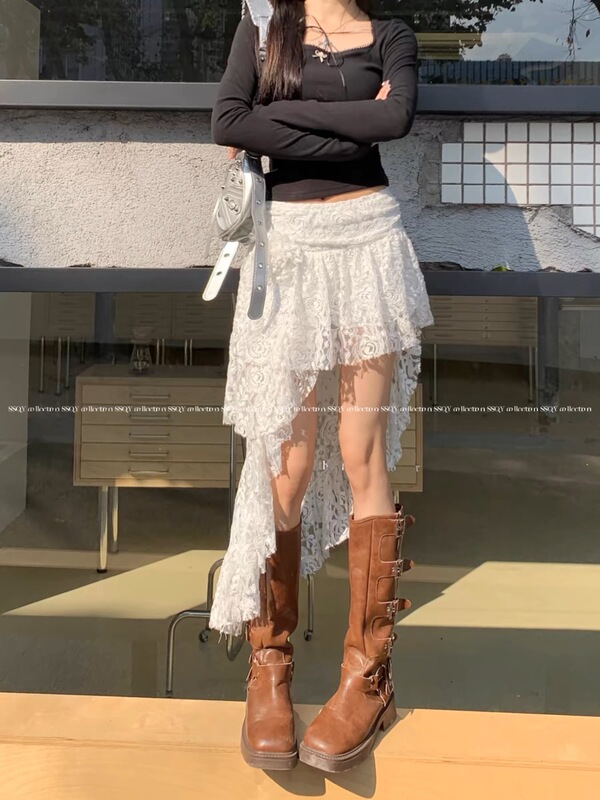 Irregular Lace Skirt for Women, Spring, Petite, High-Waisted, White A-Line Cake Short Skirt, Anti-Exposure Skirt Pants