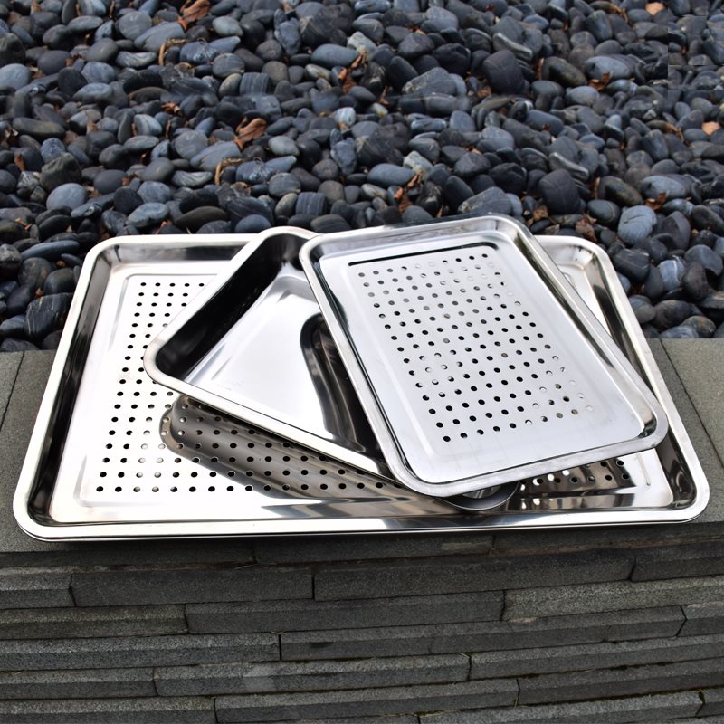BBQ food plate stainless steel rectangular tray steamed rice plate stainless steel punching square plate leaking plate tea pool