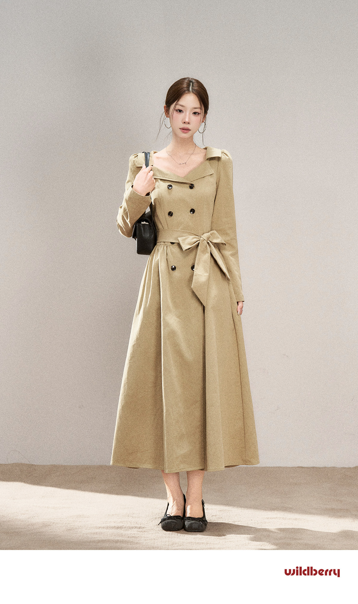 Wildberry Khaki Trench-Style Belted Midi Dress