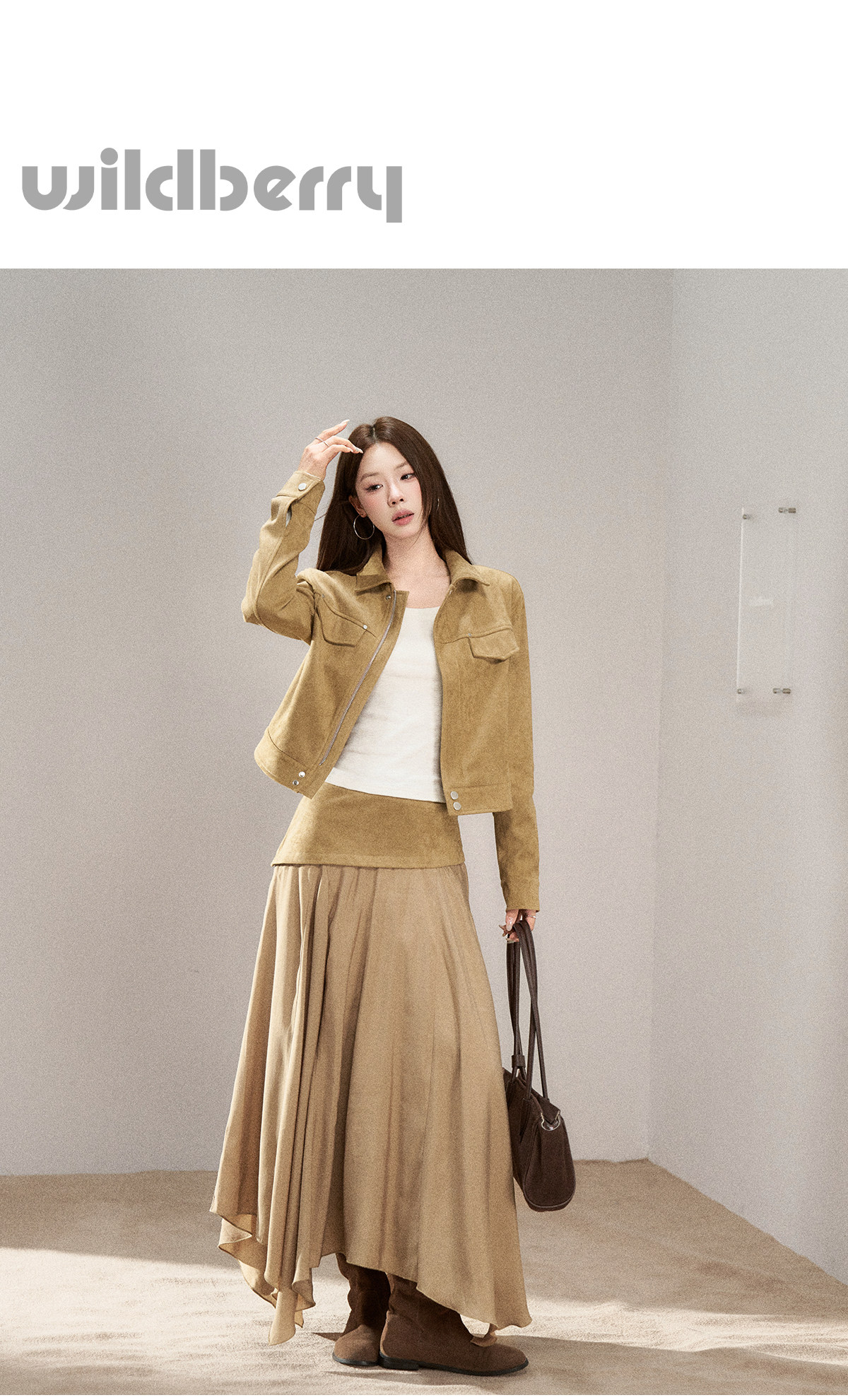 Wildberry Khaki Asymmetrical High-Waist Midi Skirt