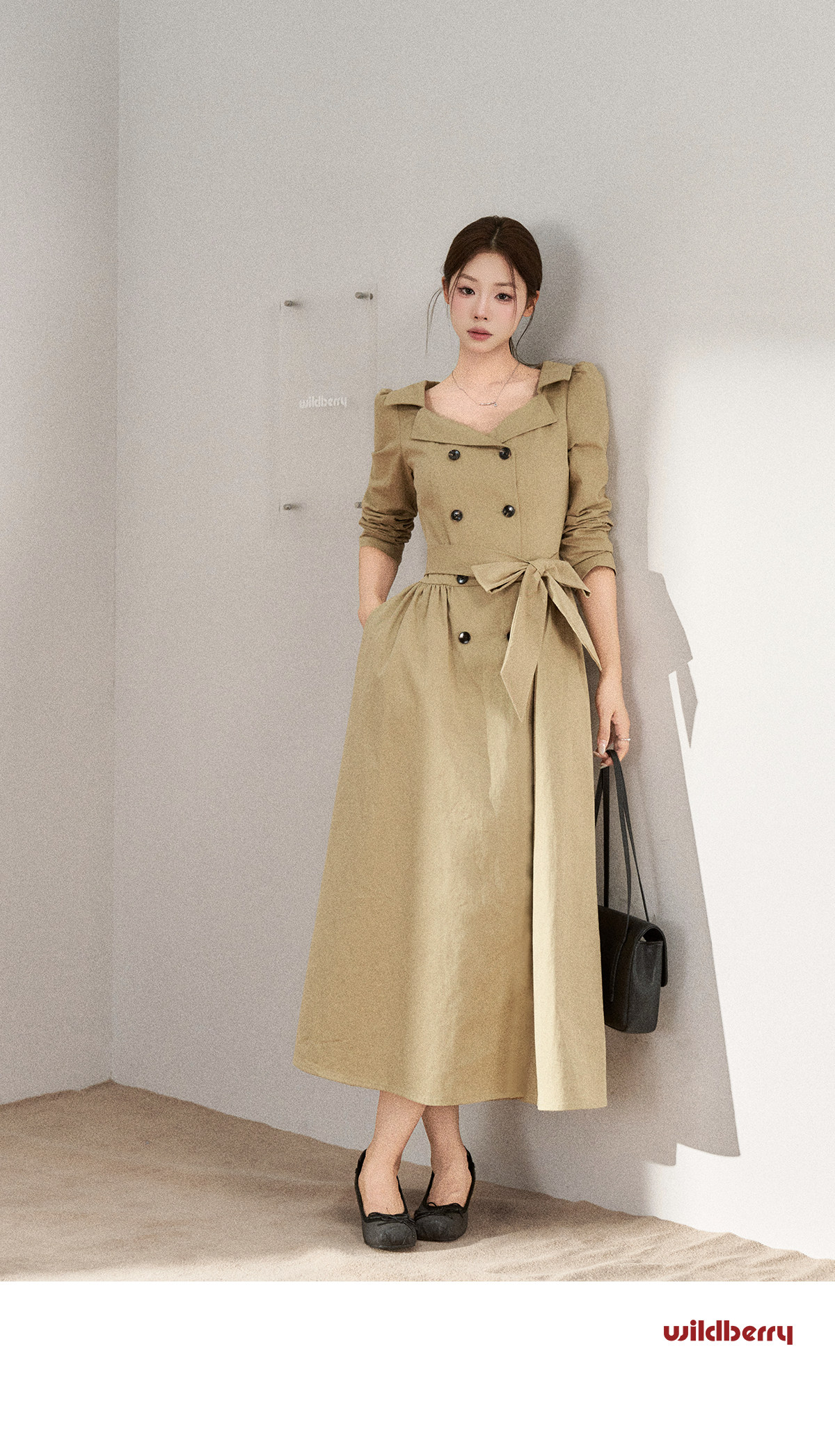 Wildberry Khaki Trench-Style Belted Midi Dress