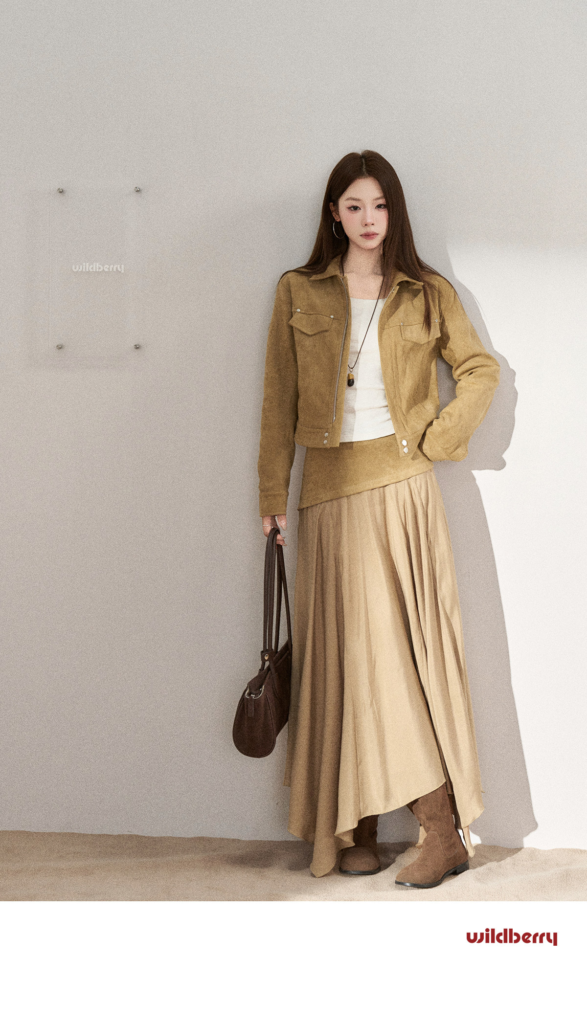 Wildberry Khaki Asymmetrical High-Waist Midi Skirt