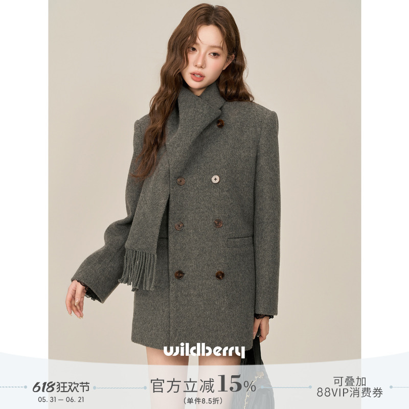 A Korean-Style Elegant Woolen Coat with a Scarf Collar and Double-Breasted Design, Mid-Length, for Women, Autumn and Winter A Korean-Style Elegant Woolen Coat with a Scarf Collar and Double-Breasted Design, Mid-Length, for Women, Autumn and Winter