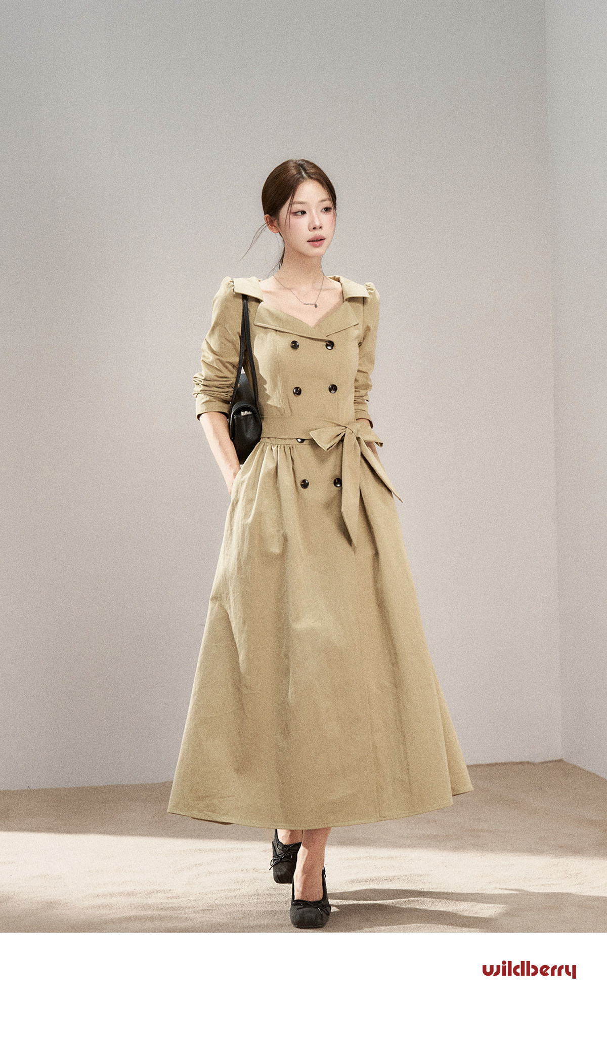 Wildberry Khaki Trench-Style Belted Midi Dress