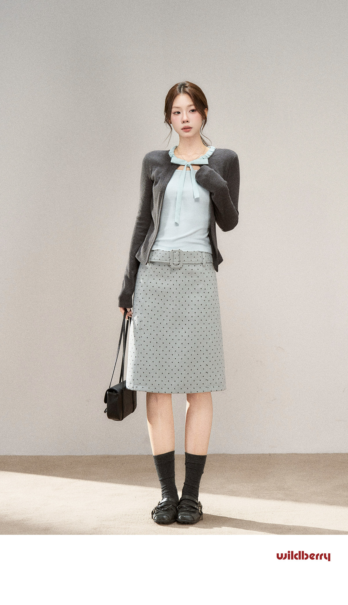 Wildberry Polka Dot Belted A-Line Midi Skirt