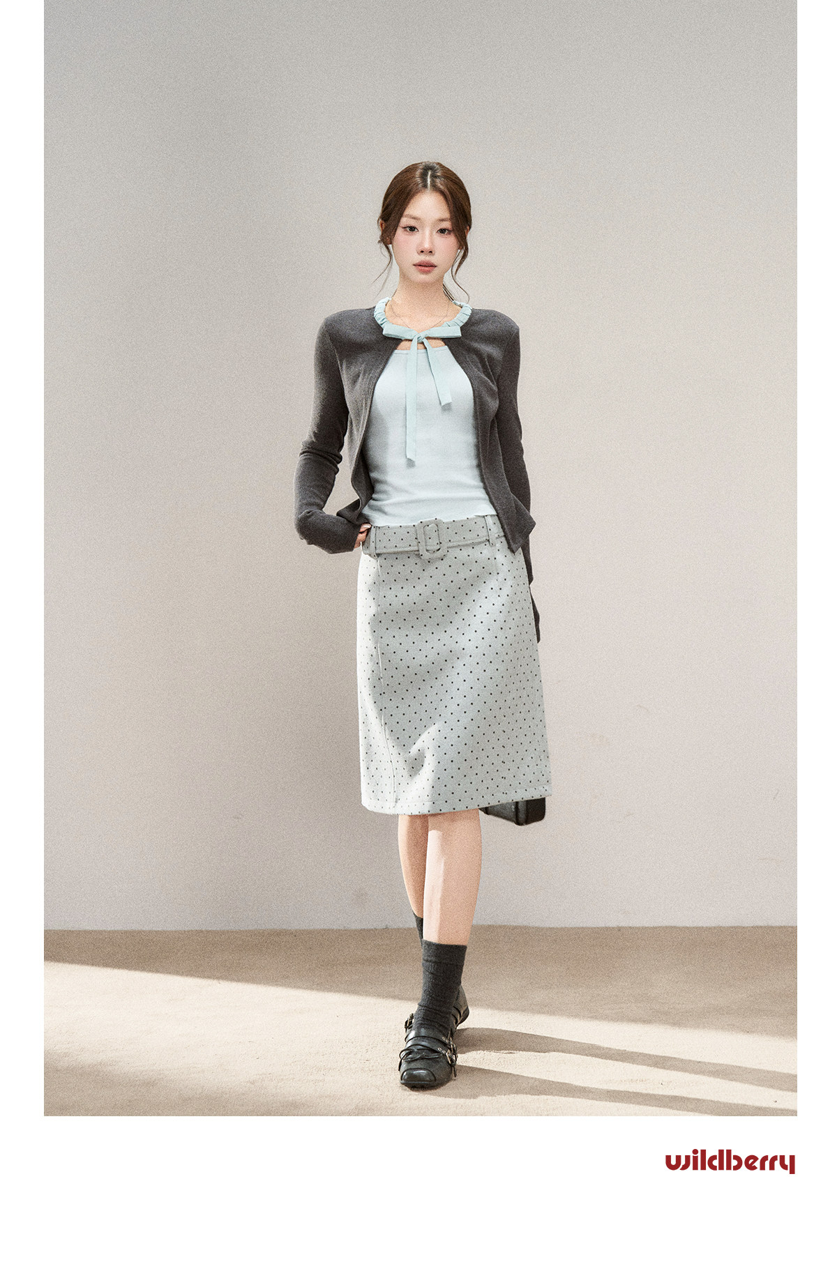Wildberry Polka Dot Belted A-Line Midi Skirt