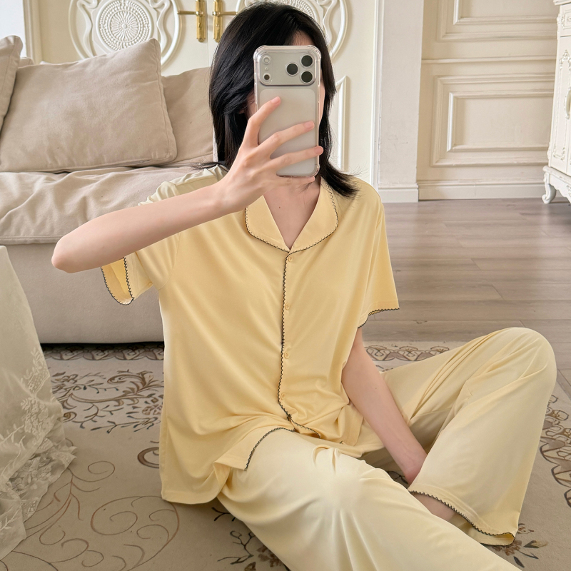 Women's Summer Pajamas with Ice Silk Chest Pads, Cardigan with Lapels, Can Be Worn Outside, Short-Sleeved Long Pants, Cool and Thin Loungewear Set Women's Summer Pajamas with Ice Silk Chest Pads, Cardigan with Lapels, Can Be Worn Outside, Short-Sleeved Long Pants, Cool and Thin Loungewear Set