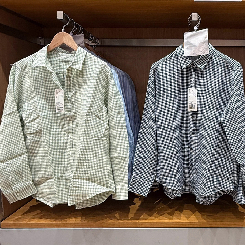 Youu New Women's Spring and Summer New Cotton and Linen Shirts Plaid Long-Sleeved Shirts Tops Air-Conditioning Shirts Thin Jackets 477556