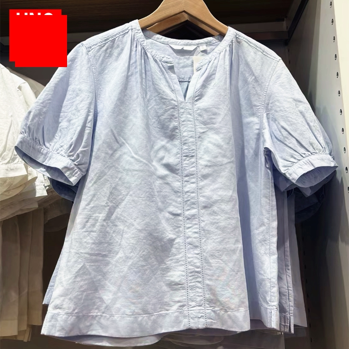 Youu New Summer New Product Women's Cotton and Linen Blended Loose Shirt Short-Sleeved Puff-Sleeved Sweet V-Neck Shirt 466432