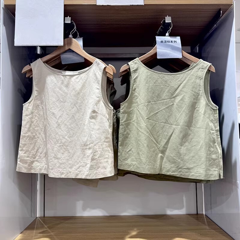 Japanese-Style Spring and Summer New Women's Cotton-Linen Blend Shirt, Casual Versatile Loose Round-Neck Sleeveless Shirt 479966