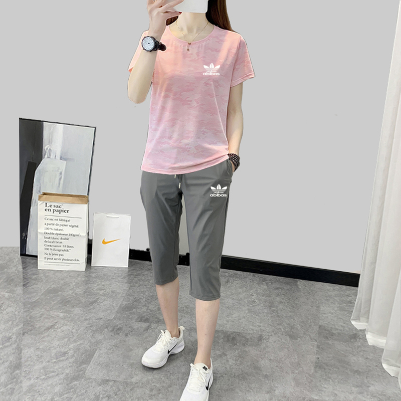 Outlet Ice Silk Quick-Dry Cropped Pants Sports Suit for Women, Summer Loose Short-Sleeve T-Shirt High-Elastic Two-Piece Set