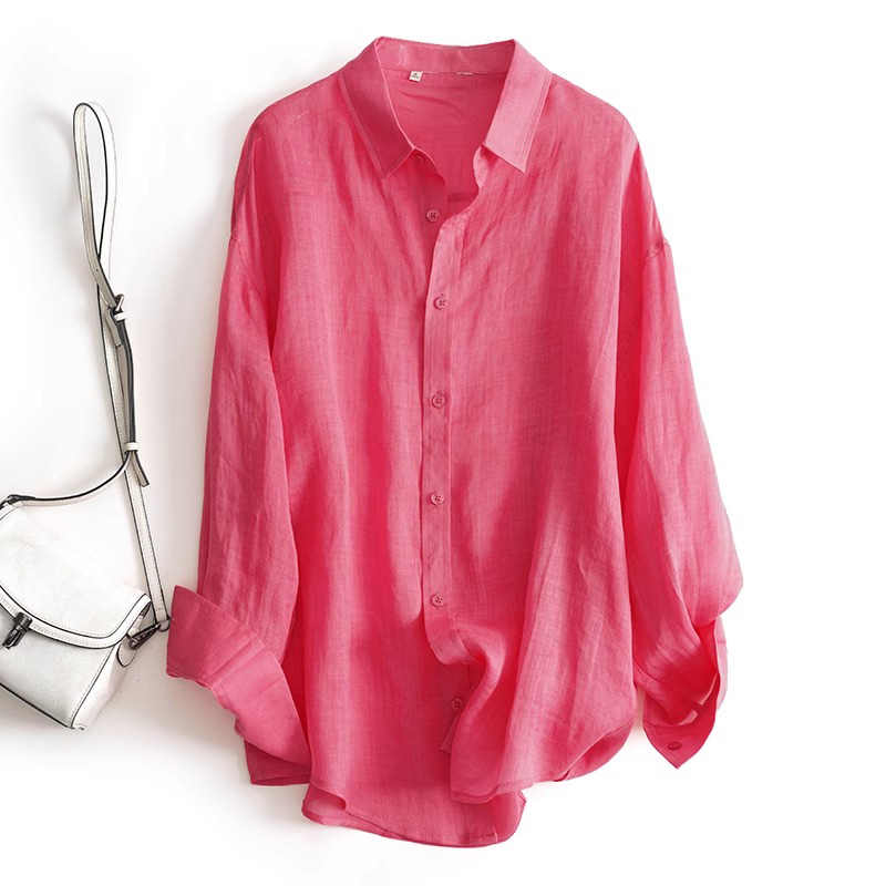 Outlet Discount Store Brand Clearance Rose Red Shirt for Women, Spring and Autumn, Thin Ramie Fabric, Brightening and Sun-Protective Clothing