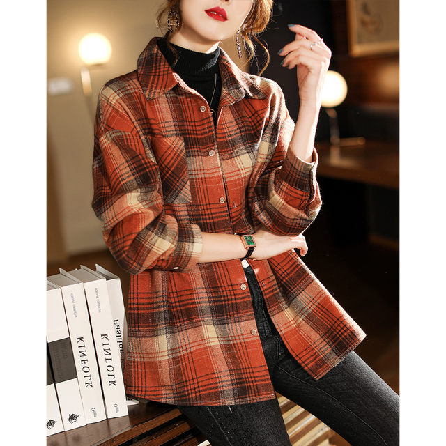 Clearance pick-up counters withdraw foreign trade export European station spring and autumn retro temperament loose long-sleeved plaid shirt