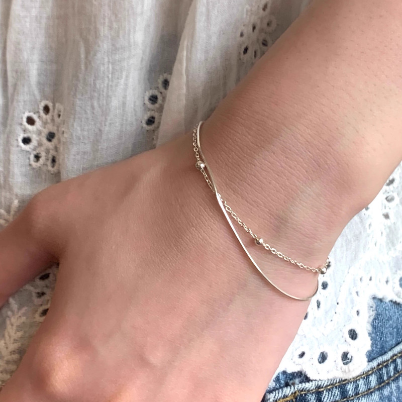 S925 Sterling Silver Double-Layer Silver Bead Snake Bone Bracelet, Korean Style, Minimalist, Versatile, Suitable for Commuting, Exquisite and High-End Jewelry