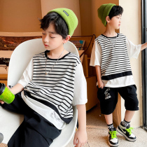 Boy Clothing Boy Summer Clothing Suit Summer 2022 New Pure Cotton CUHK Boy Child Fake Two Short Sleeve Boy Handsome