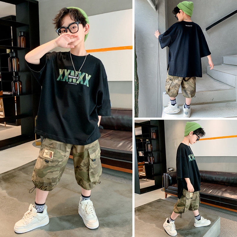 Children's camouflage boy summer suit 2022 new boy summer sleeve boy is handsome and fashionable