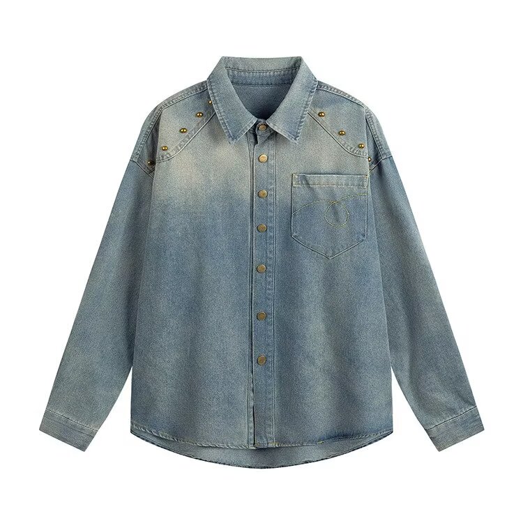 American Retro Washed Gradient Studded Denim Shirt for Men and Women, Spring and Autumn Street Style Long-Sleeve Shirt Jacket