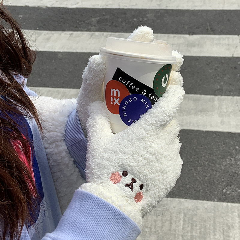 Cute Cartoon Little Bear Coral Suede Warm Gloves Women Winter Thickening Warm And Cold Girl Han Edition Winter Style-Taobao