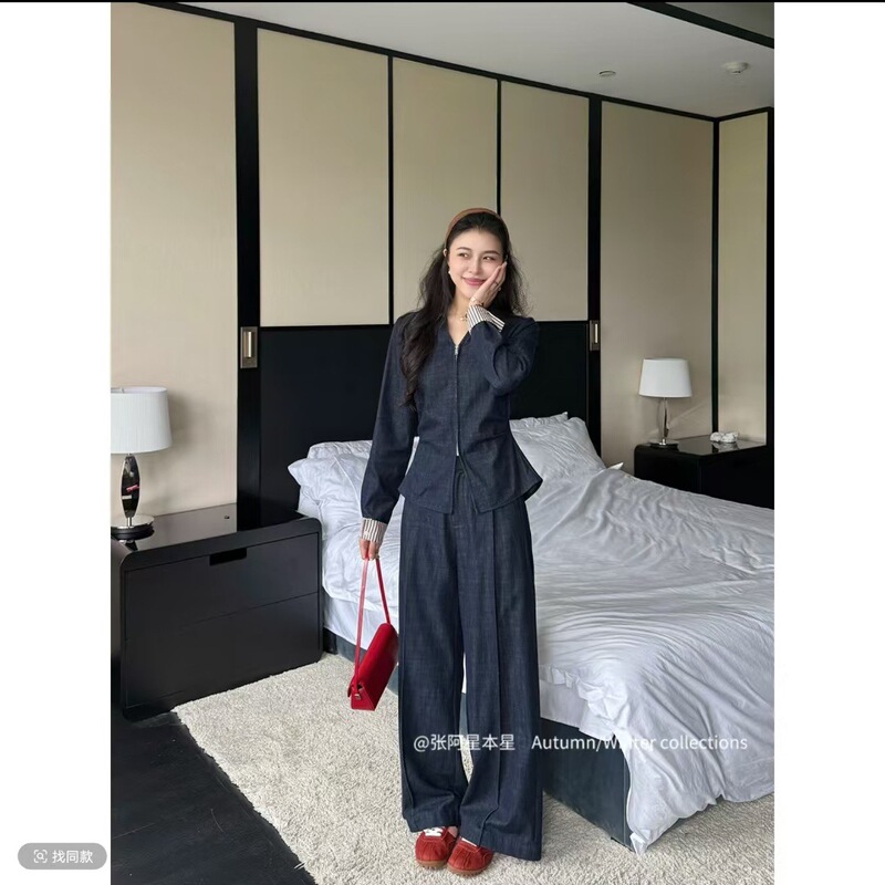 A-Xing Denim Urban Retro Casual Lyocell Cotton Zipper Shirt High-Waisted Straight-Leg Pants Set A-Xing Denim Urban Retro Casual Lyocell Cotton Zipper Shirt High-Waisted Straight-Leg Pants Set
