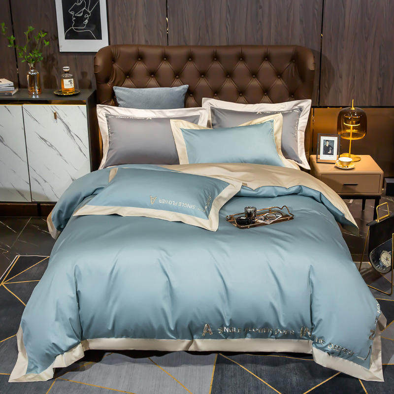 Light luxury cotton 100-count long-staple cotton four-piece embroidered quilt cover pure cotton bed sheet naked sleeping bedding 4