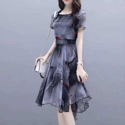 连衣裙女夏装2021新款女修身不规则雪纺印花温柔仙女收腰中长裙子