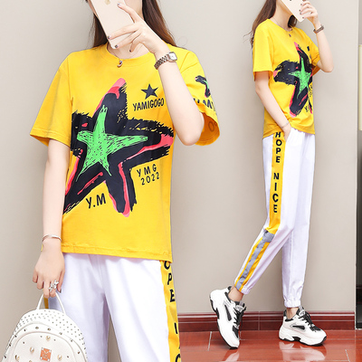 崇森玖棉质套装女2021春夏透气运动两件套休闲跑步T恤长裤套装