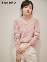 Sandro Hepburn womens 2022 autumn new wool sweater V-neck temperament hollow knitted bottoming sweater