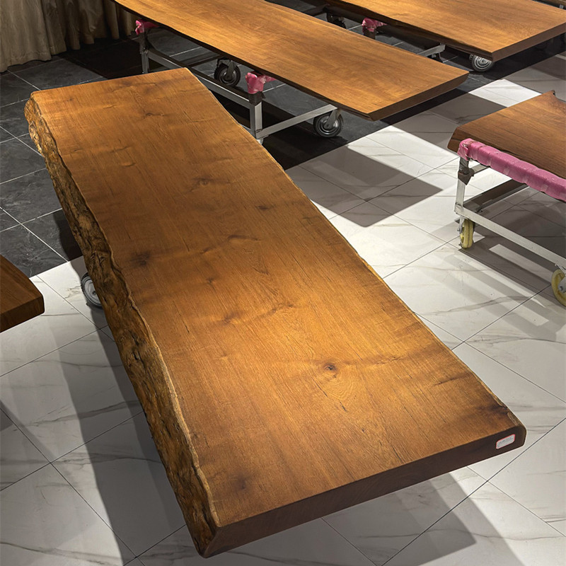 Burmese Teak Large Slab Table, Solid Wood Wabi-Sabi Style Tea Table, Natural Edge Raw Wood Dining Table, Executive Office Conference Table